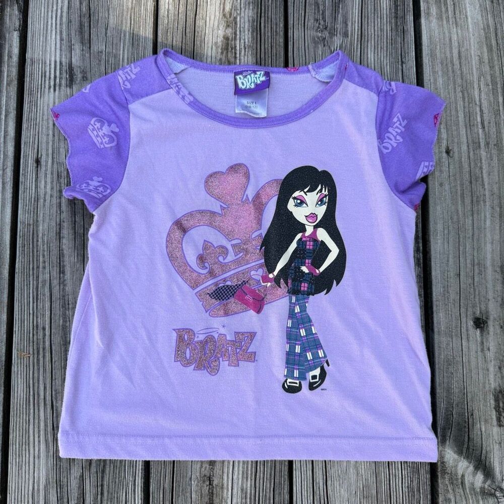 Y2K Bratz Graphic Baby Tee Purple Glitter Graphic Youth Girls Large 10/12 MGA